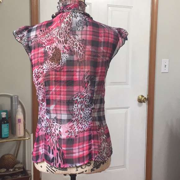 Leopard plaid patternSheer button down Blouse. - Picture 2 of 2
